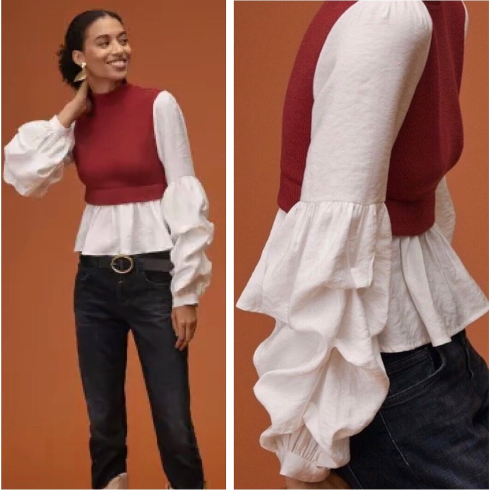Anthropologie Ruffled Layering Balloon Sleeves Red White Sweater Knit Top XS